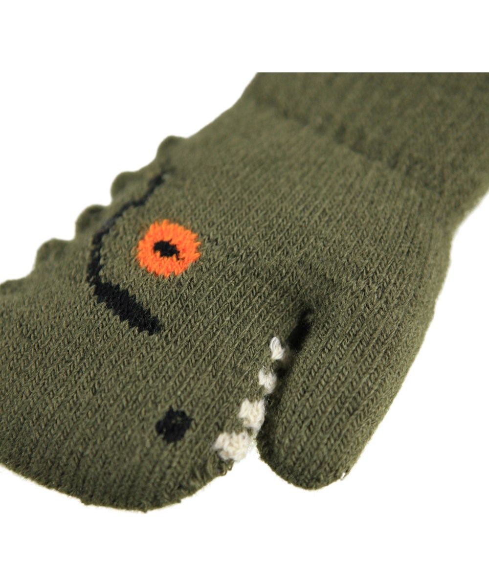Kenau - Bark Green - Dark green knitted mittens for children with a dinosaur face