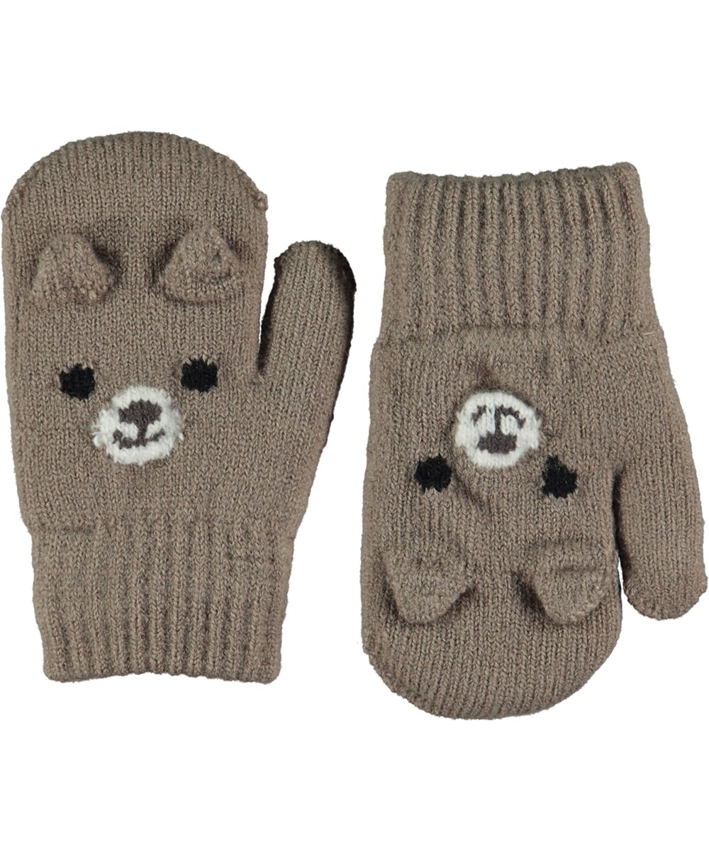 Kenau - Moth Grey - Beige baby mittens with bear motif