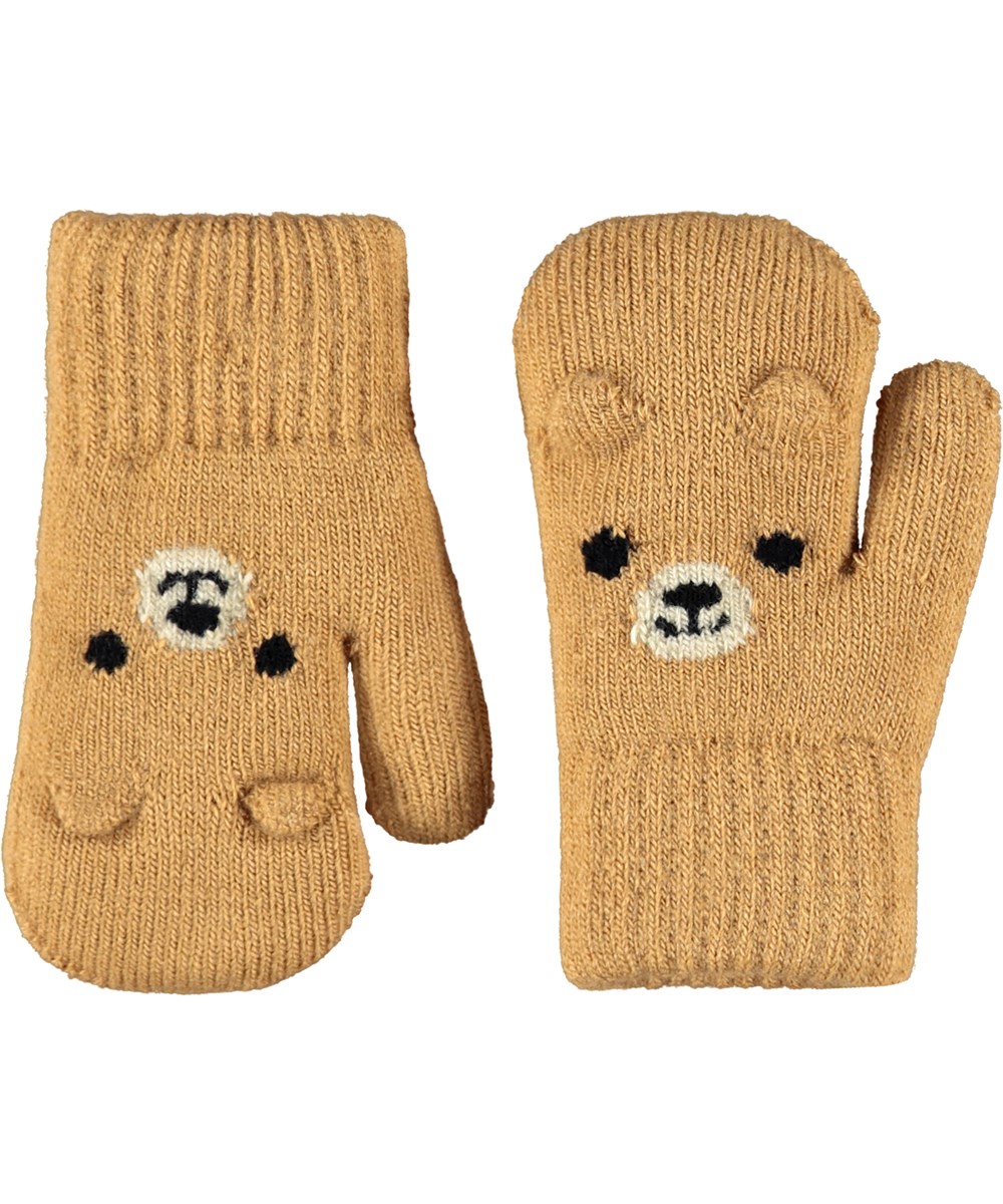 Kenau - Pomeranian - Brown knitted mittens for children with a cute teddy bear face