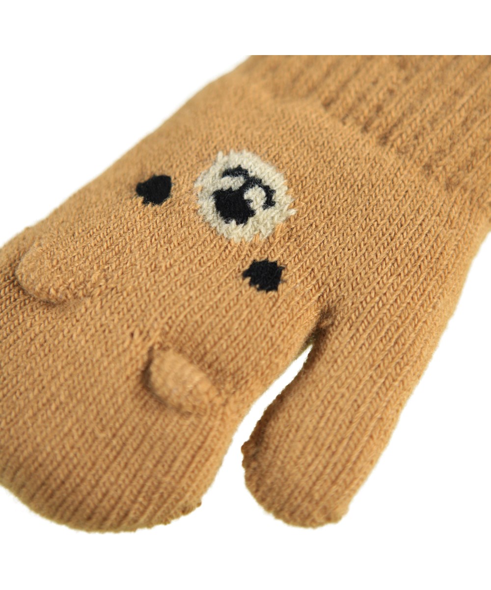 Kenau - Pomeranian - Brown knitted mittens for children with a cute teddy bear face
