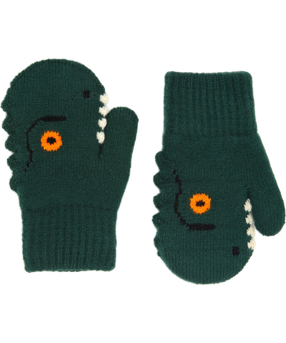 Kenau - Ponderosa Pine - Dark green knitted mittens with a crocodile face for babies and toddlers