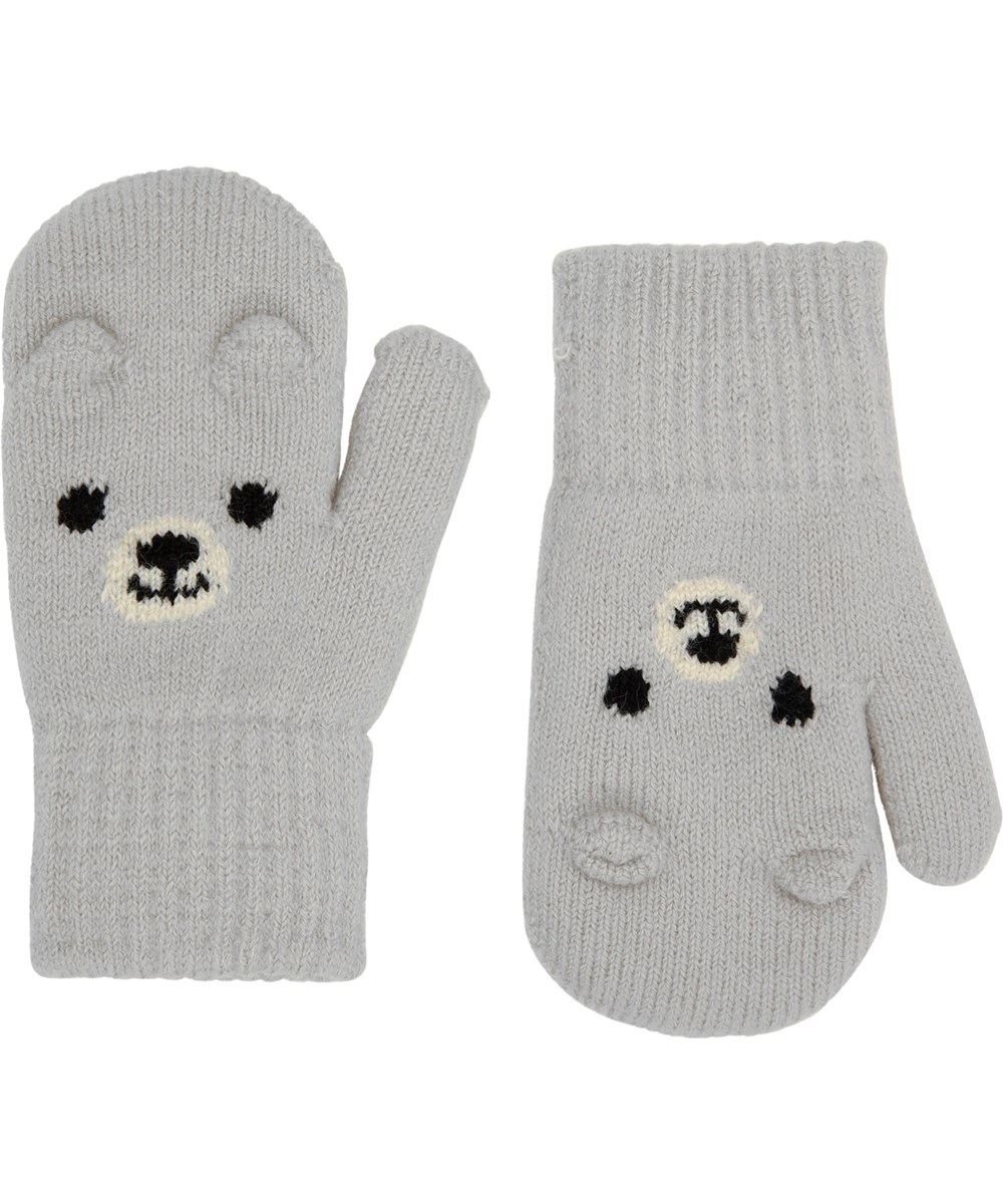 Kenau - Snow Melange - Light grey knitted mittens with teddy bear face for babies and toddlers