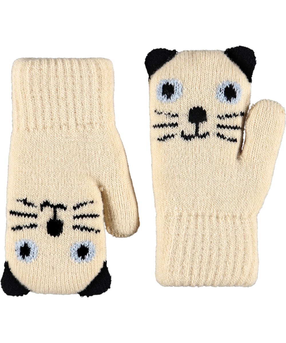 Kenau - Vanilla - Off-white knitted mittens for the little ones with a cute cat face.