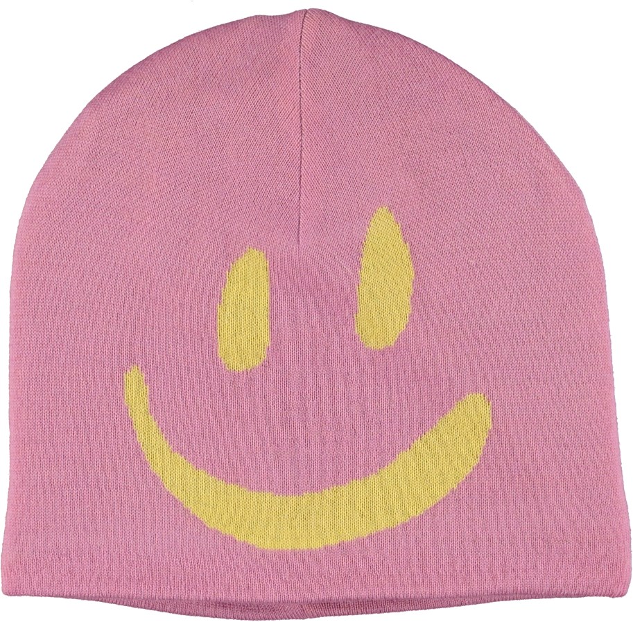 Kenzie - Purple Ray - Pink wool-blend hat with a yellow smiley on the front