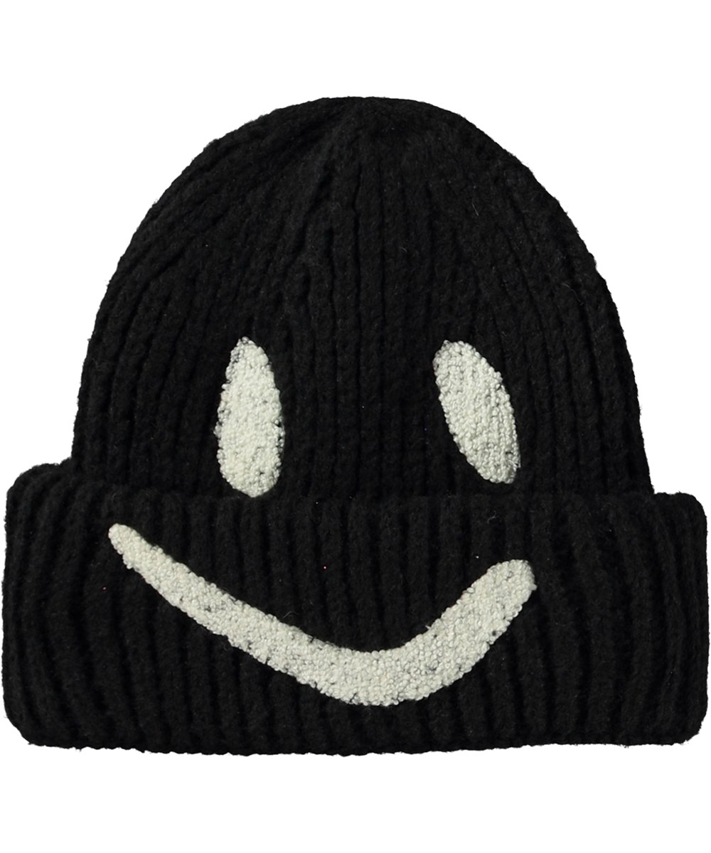 Kim - Black - Rib-knit beanie in black with roll up and embroidered smile in white.