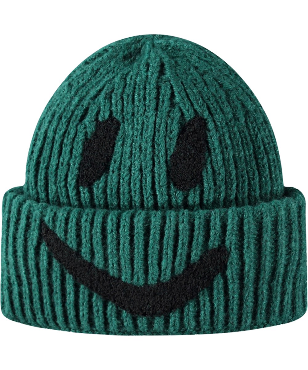 Kim - Ponderosa Pine - Rib-knit beanie in green with roll up and embroidered smile in black.