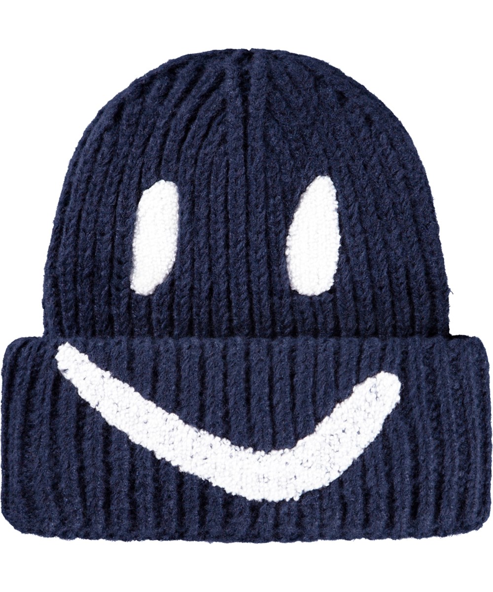 Kim - Night Navy - Dark blue rib-knitted beanie for children with ropp up and embroidered smile in white.