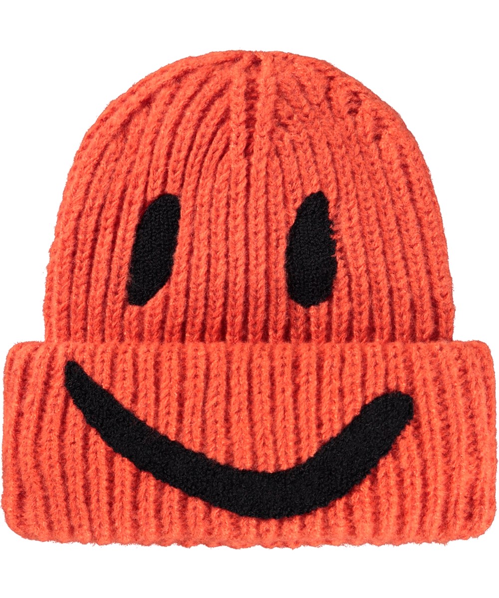 Kim - Rising Sun - Red rib-knitted beanie for children with roll up and embroidered smile in black.