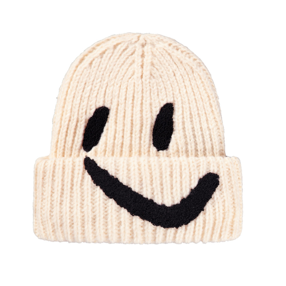 Cozy Cream Smile Face Knit Beanie Smiley Face Ribbed Beanie ? – Boho Clothing and Accessories main image 4