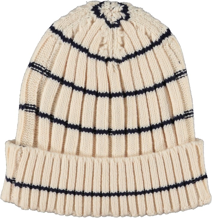 Kitt - Cloud Stripe - Rib knit baby hat in beige with narrow blue stripes
