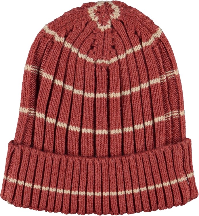 Kitt - Rosy Stripe - Rib knit baby hat in red with narrow beige stripes