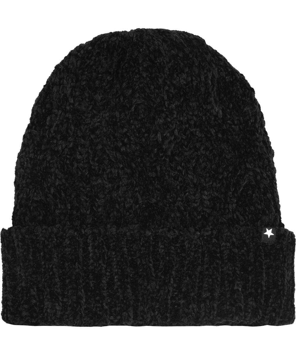Kitty - Black - Black chenille-knit beanie for children.