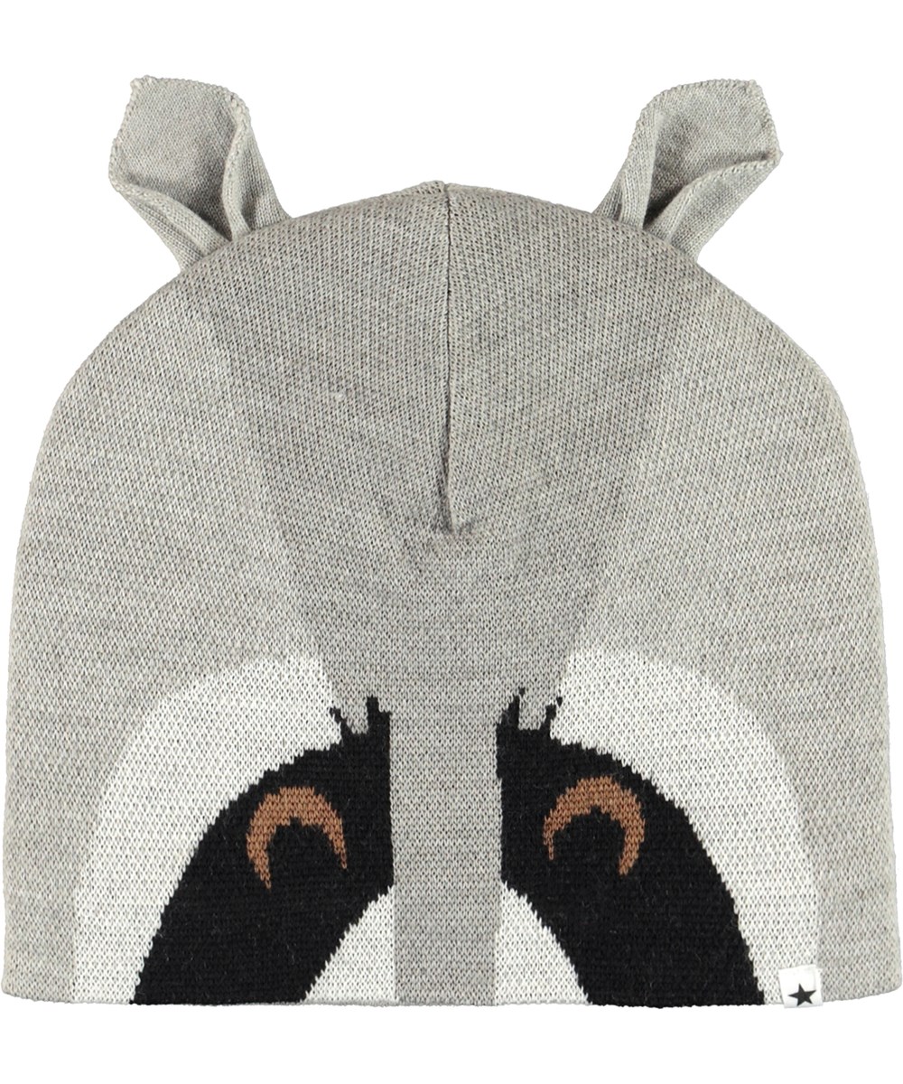 Kleo - Grey Melange - Grey hat and infinity scarf with racoon motif 