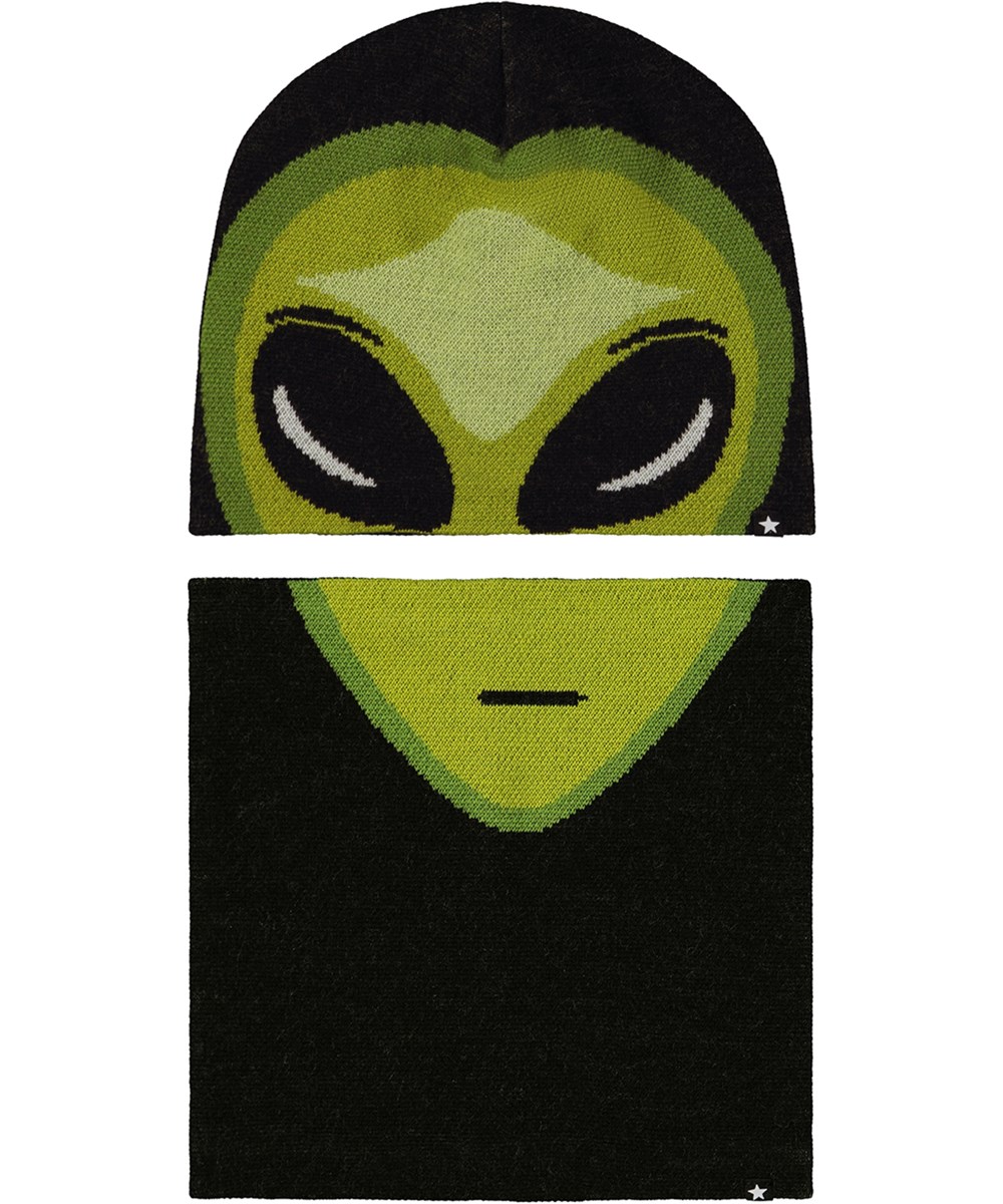 Kleo - Alien Face - Black beanie and infinity scarf for children in a wool blend with alien motif.