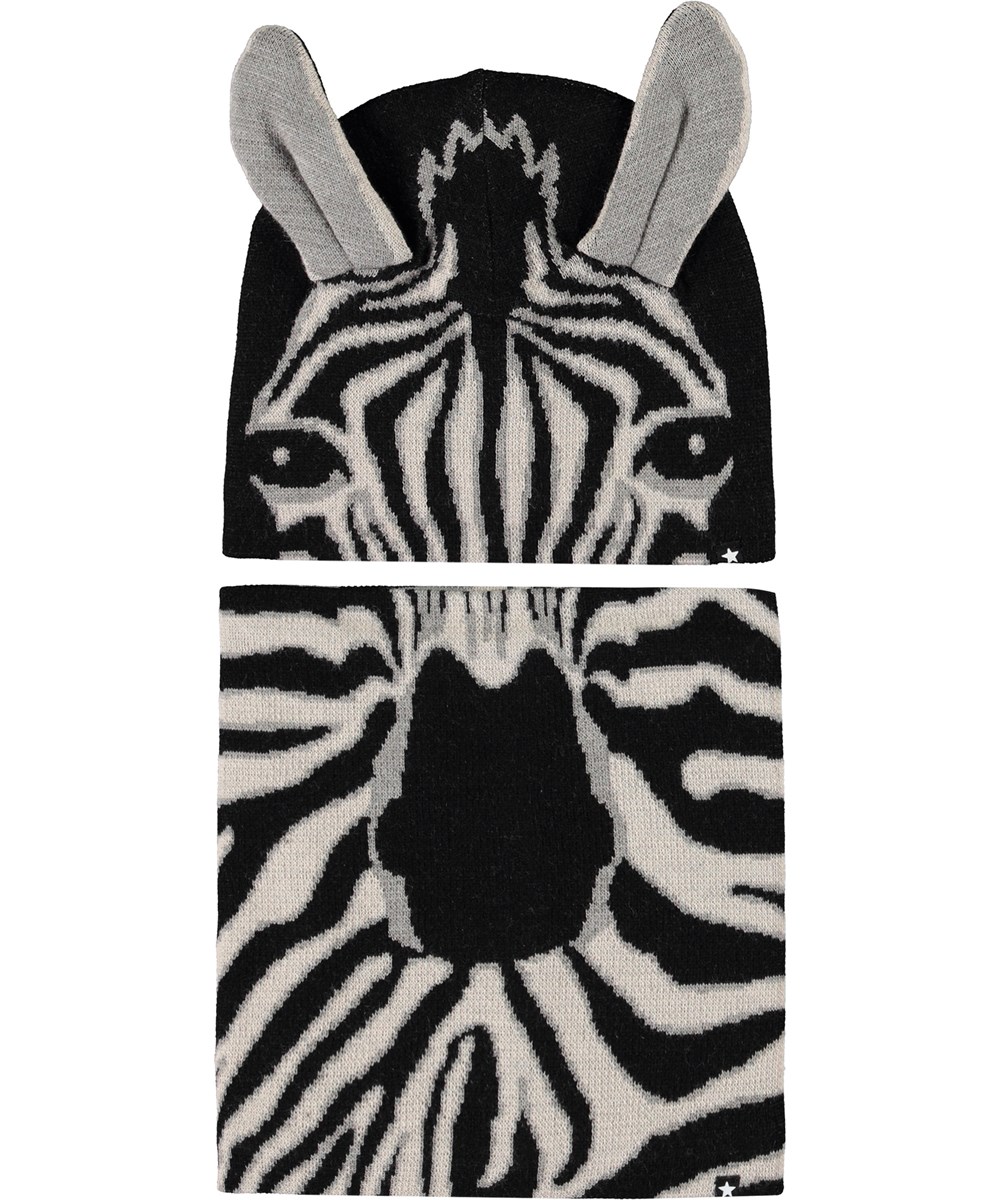 Kleo - Black - Set of beanie and infinity scarf for children in wool blend with zebra design.