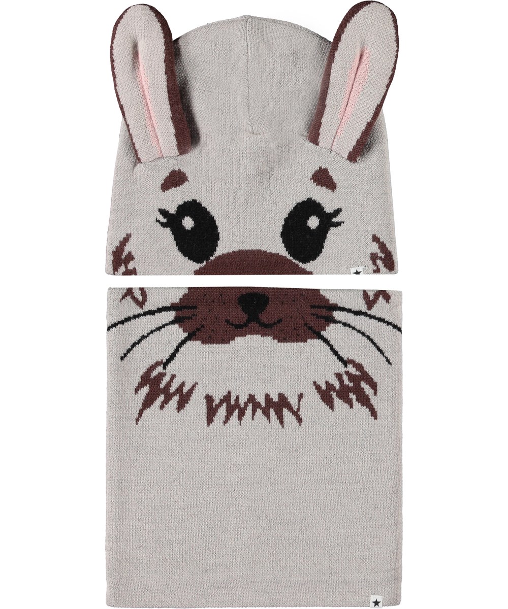 Kleo - Crystal Gray - Set of beanie and infinity scarf for children in wool blend with rabbit design.