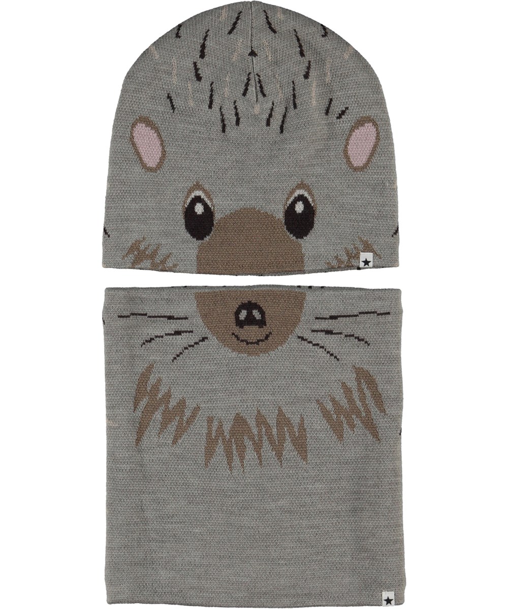 Kleo - Hedgehog - Gray hat and neck warmer with hedgehog print