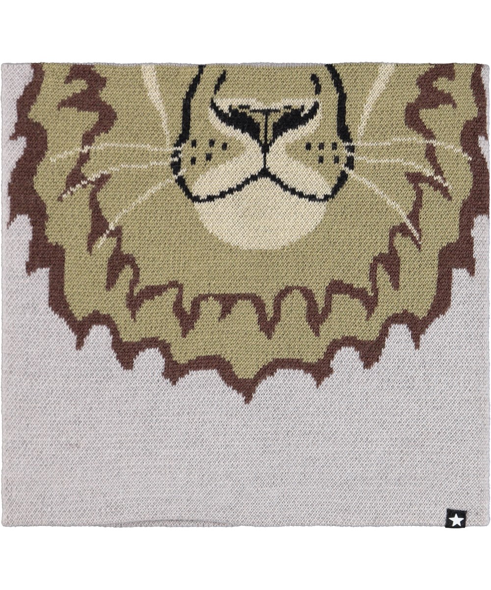 Kleo - Lion Face - Grey beanie and infinity scarf for children in a wool blend with lion motif.