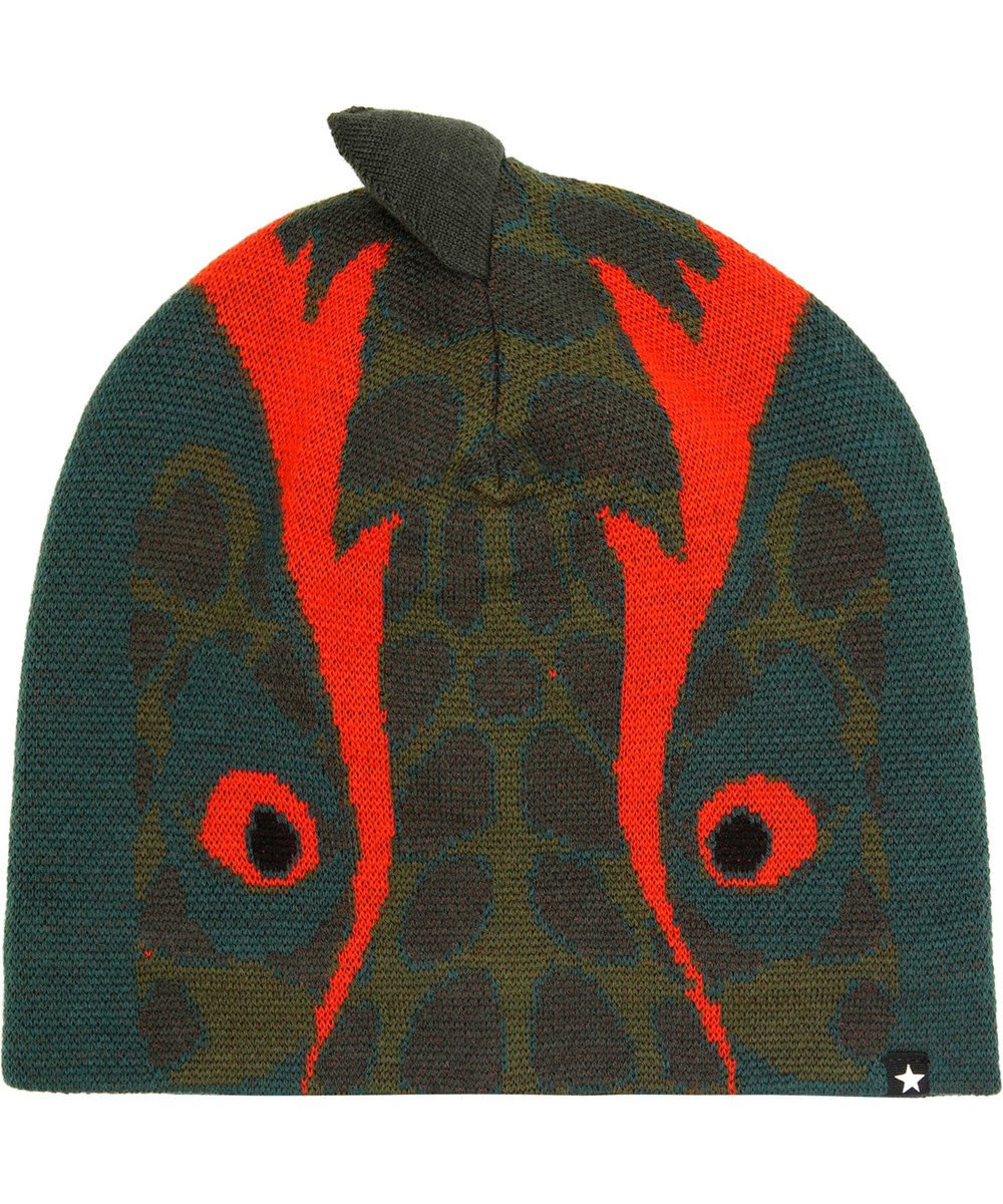 Kleo - Ponderosa Pine - Set with beanie and infinity scarf for children in wool blend with dinosaur design.