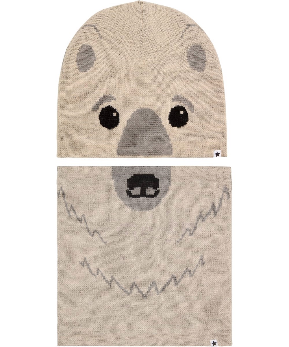 Kleo - Snow Melange - Set of beanie and infinity scarf  for children in wool blend with polar bear motif
