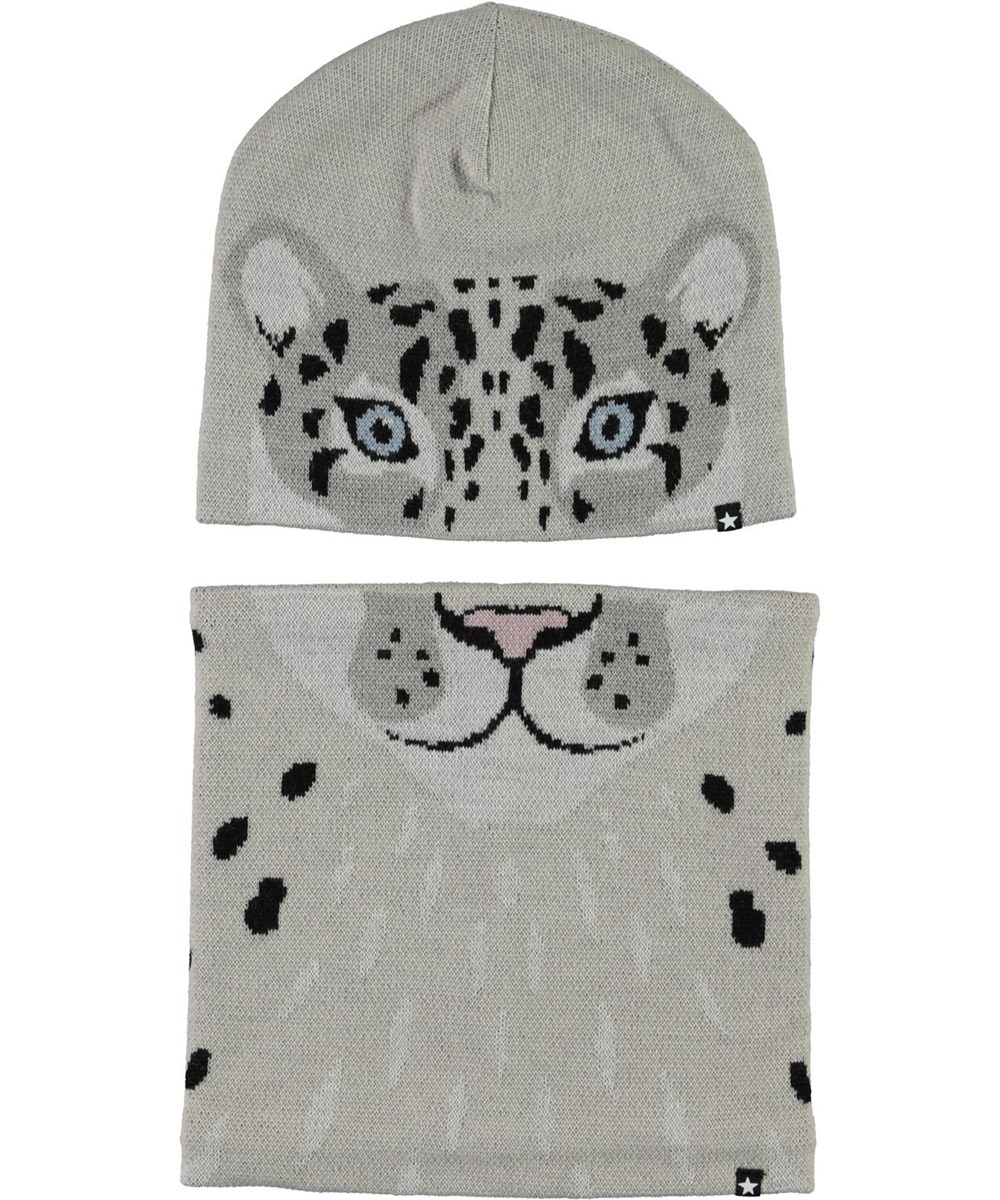 Kleo - Warm Grey Melange - Hat and infinity scarf with snow leopard print