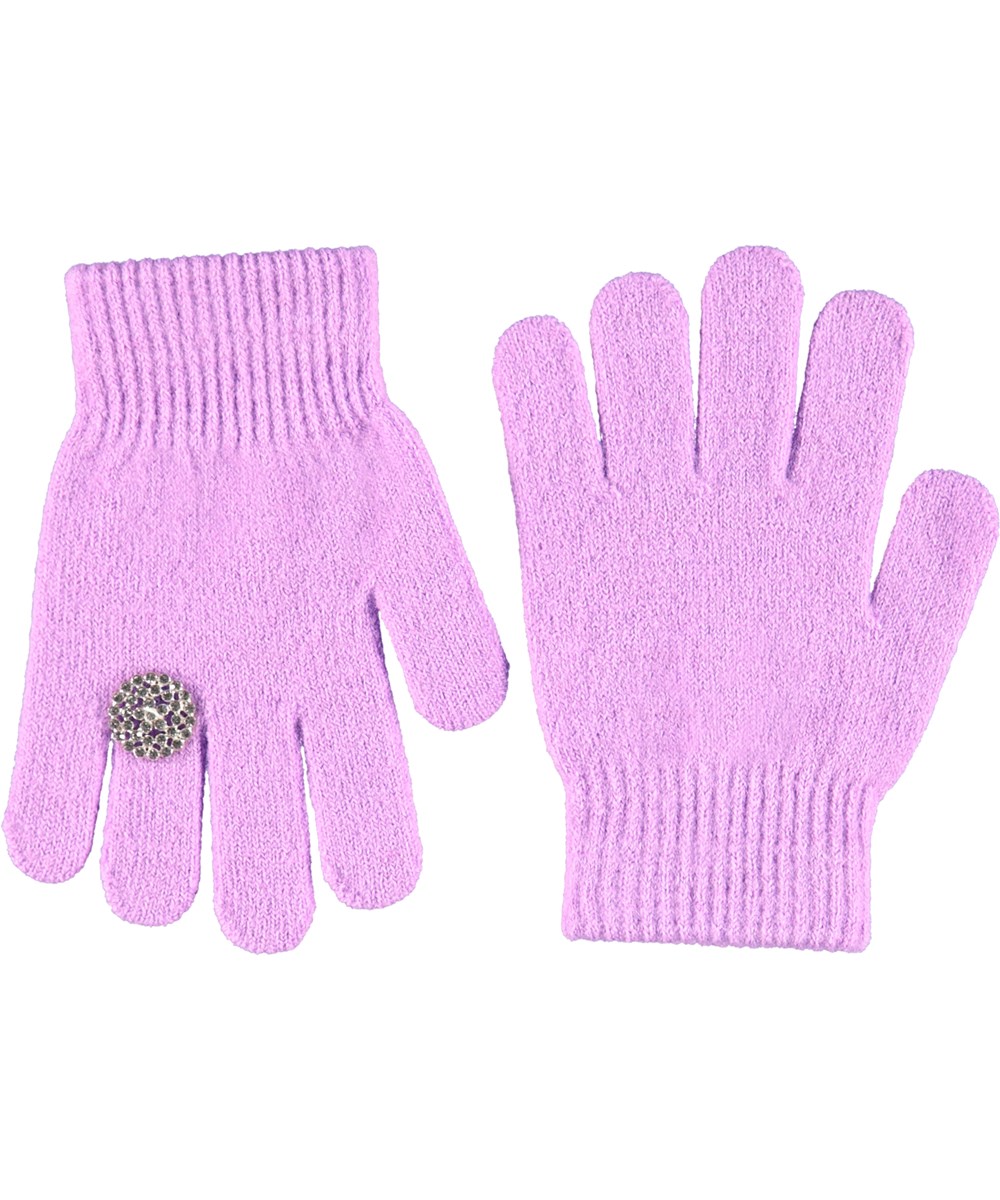 Krystal - Purple Ray - Pink knitted gloves for children with a ring on one finger.