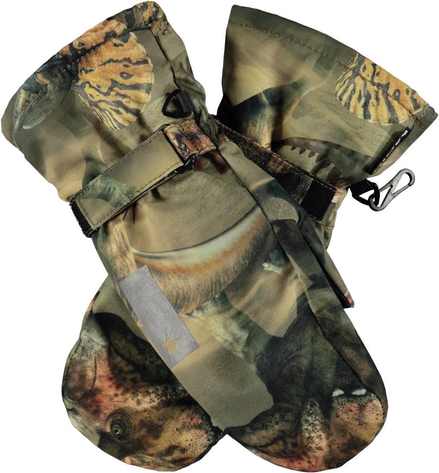 Mitzy - Ancient Time - Green waterproof mittens with dinosaur print