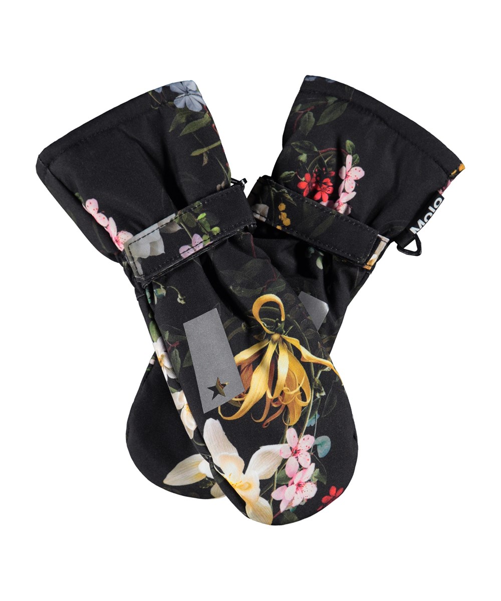 Mitzy - Paisley Flowers - Black waterproof and breathable mittens for children with flower print and 3M™ Thinsulate™ insulation.