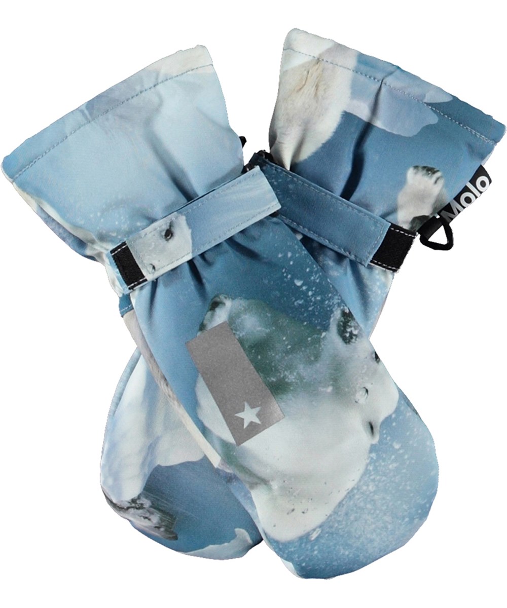 Mitzy - Polar Bear Joy - Blue, waterproof and breathable mittens for children with polar bear print and 3M™ Thinsulate™ insulation.
