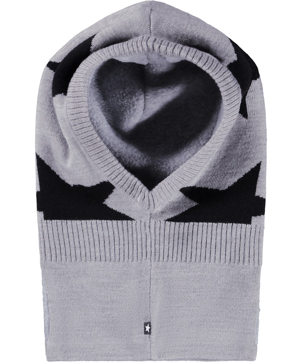 Snow - Grey Melange - Grey balaclava for children with black intarsia stars.