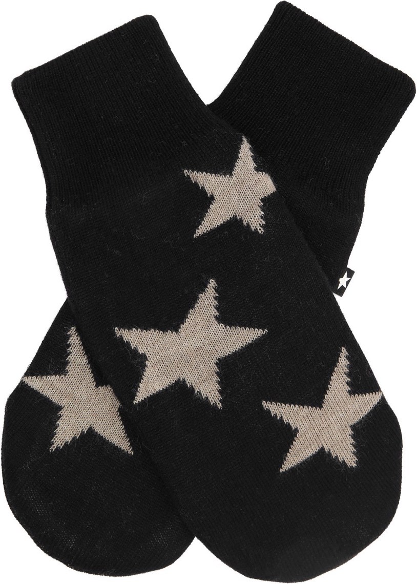 Snowfall - Black - Black knitted mittens with a beige star pattern made from a soft wool blend.