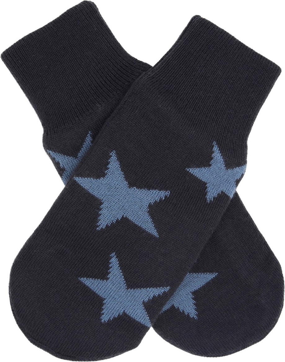 Snowfall - Dark Night - Dark blue knitted gloves with a blue star pattern made from a soft wool blend.