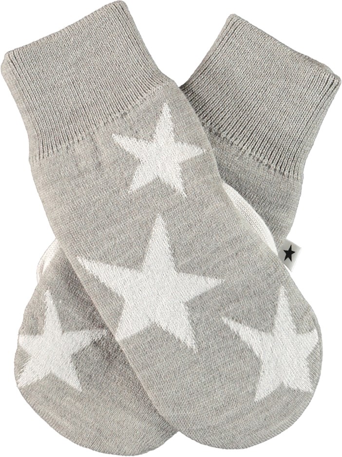 Snowfall - Grey Melange - Knit mittens in gray with stars