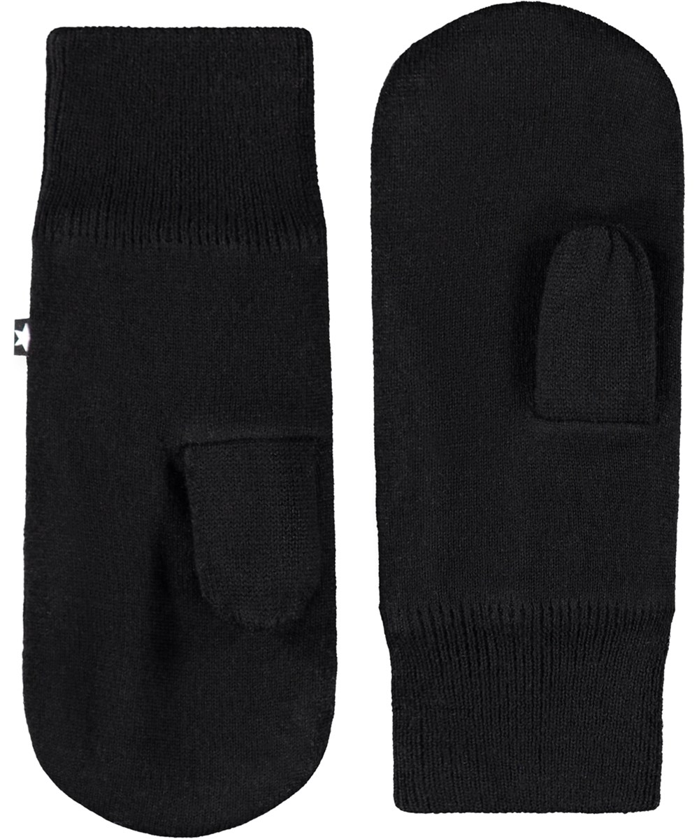 Snowfall - Black - Black mittens with a white smiling face for children.