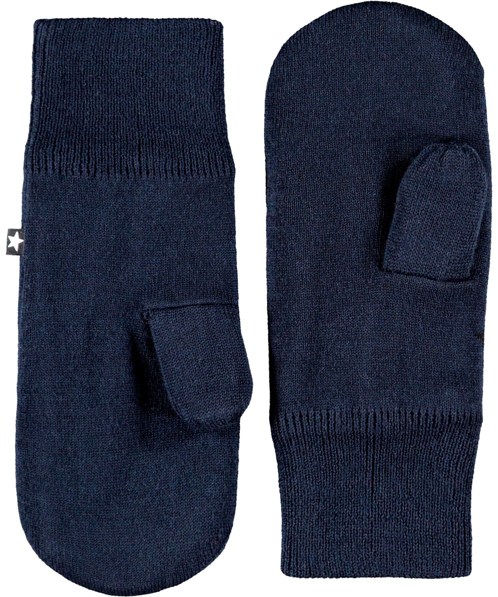 Snowfall - Night Navy - Dark blue knitted mittens with black stars for children.