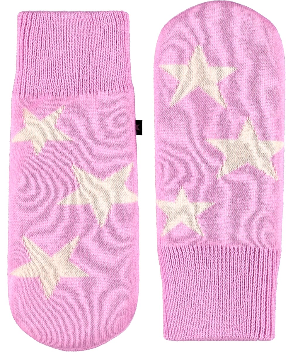 Snowfall - Purple Ray - Pink knitted mittens with off-white stars for children.