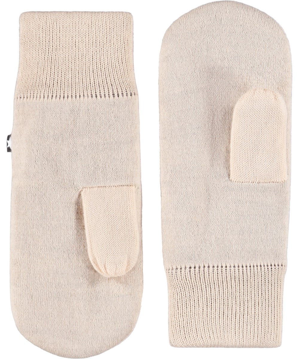 Snowfall - Vanilla - Off-white knitted mittens with a black smiling face for children.