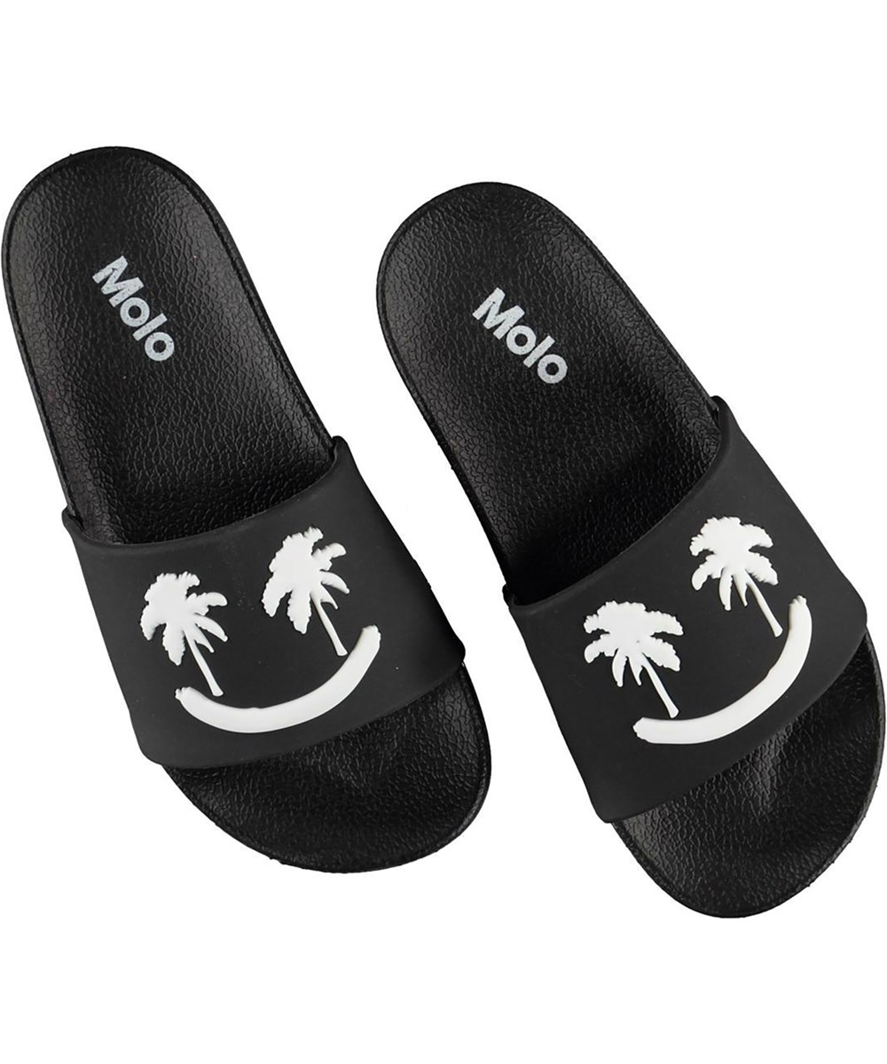 Zhappy - Black Smile - Schwarze Sandalen mit Palmen-Smiley