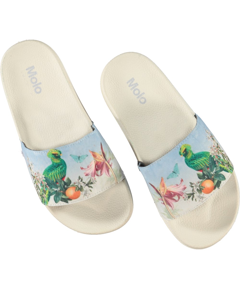Zhappy - Paradise Bird - Hellblaue Sandalen mit Vögeln, Früchten und Blumen
