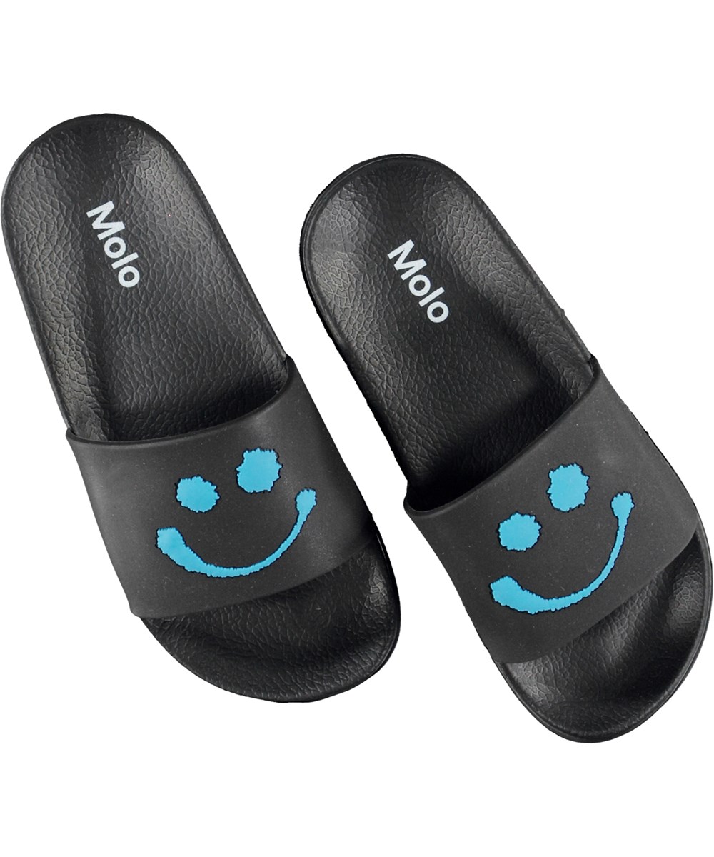 Zhappy - Black - Schwarze Badesandalen  mit blauem Smile-Print