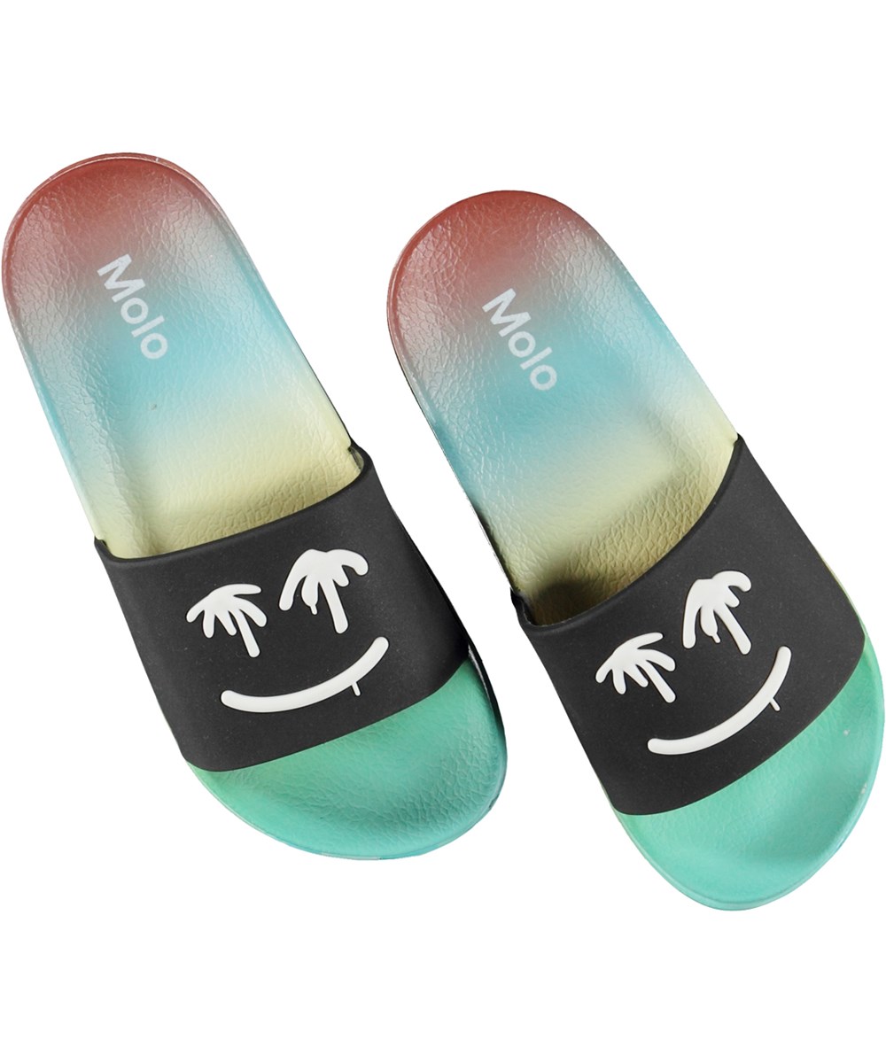 Zhappy - Palm Spray Face - Mehrfarbige Badesandalen  mit schwarz-weißem Emoji-Print