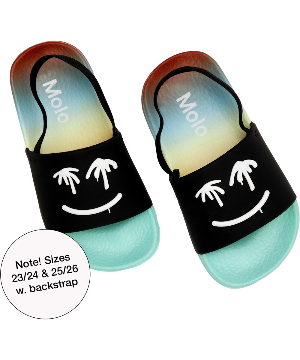 Zhappy - Palm Spray Face - Mehrfarbige Badesandalen  mit schwarz-weißem Emoji-Print