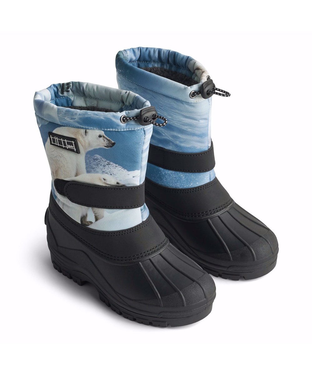 Driven - Polar Bear Joy - Practical winter boots for children with a sturdy and non-slip black sole and a playful print of polar bears among ice floes in shades of blue.
