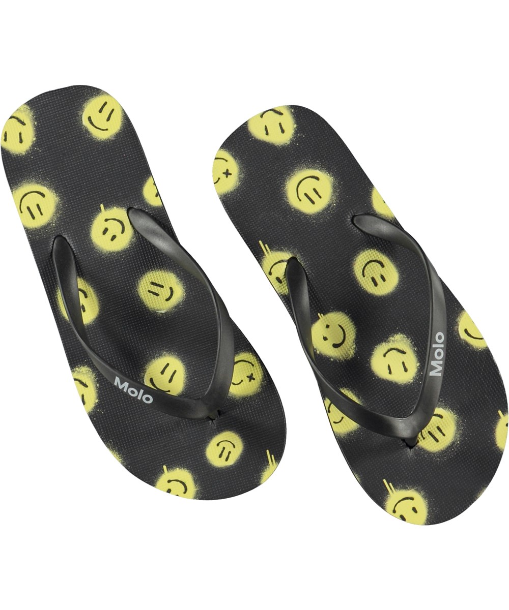 Zeppo - Happy Sunny - Flip flops in black with yellow smiley face print 