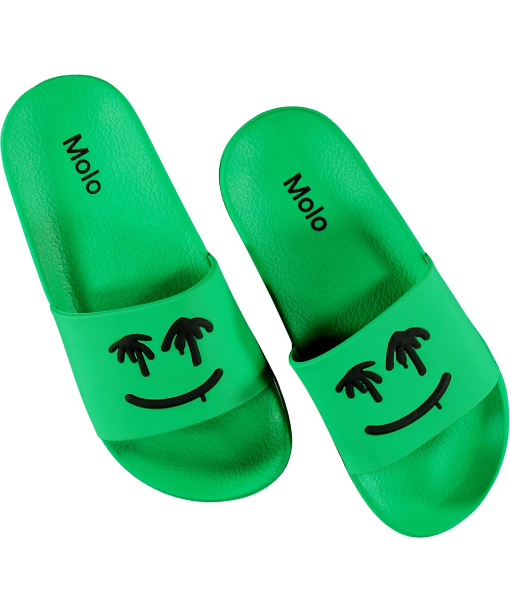 Zhappy - Bright Green - Green swim sandals with black palm tree smiling face print 