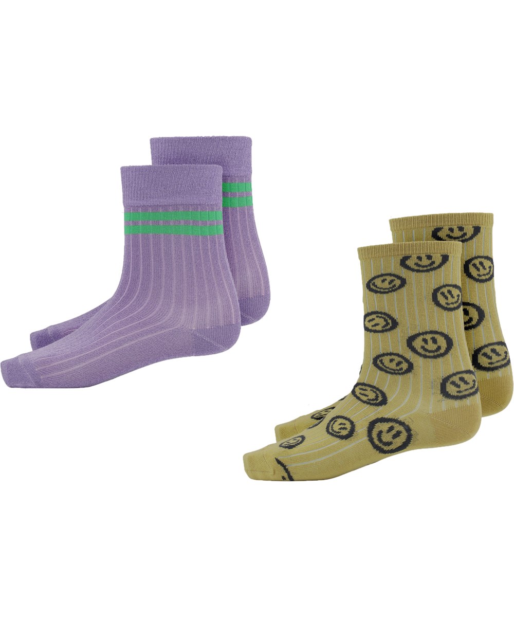 Nomi - Cardboard - Zwei Paar Öko-Tex Socken in Lila und Currygelb mit Gesichtern