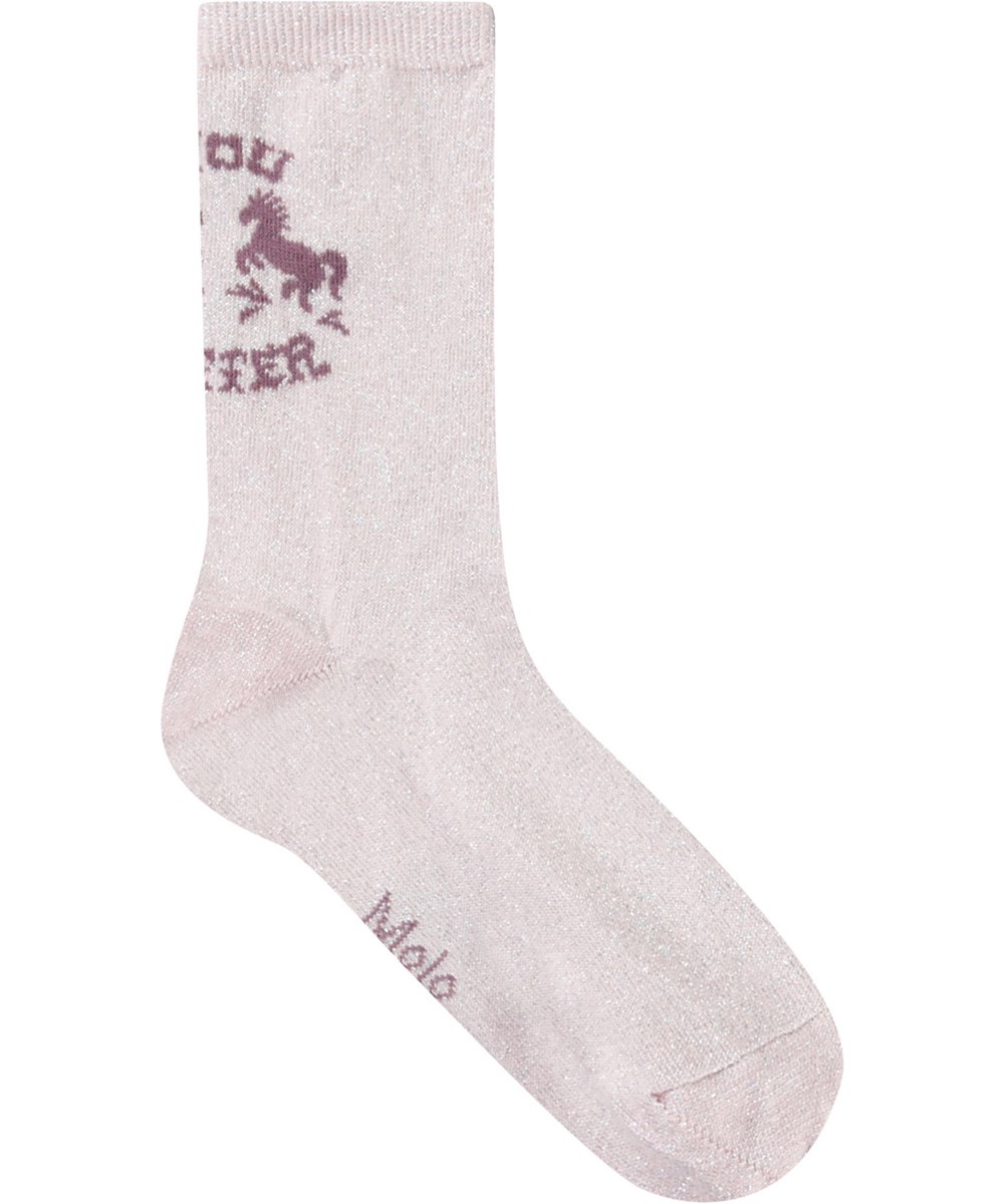 Nomi - Charlotte Pink - 2er-Pack Socken in Helllila mit Glitzer und Hellblau für Kinder. Die Socken haben ein Pferdemotiv.