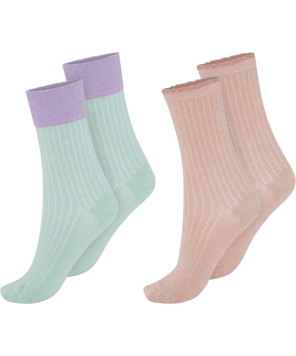 Nomi - Fluffy Rose - Socken mintgrün mit helllila rand und rosa