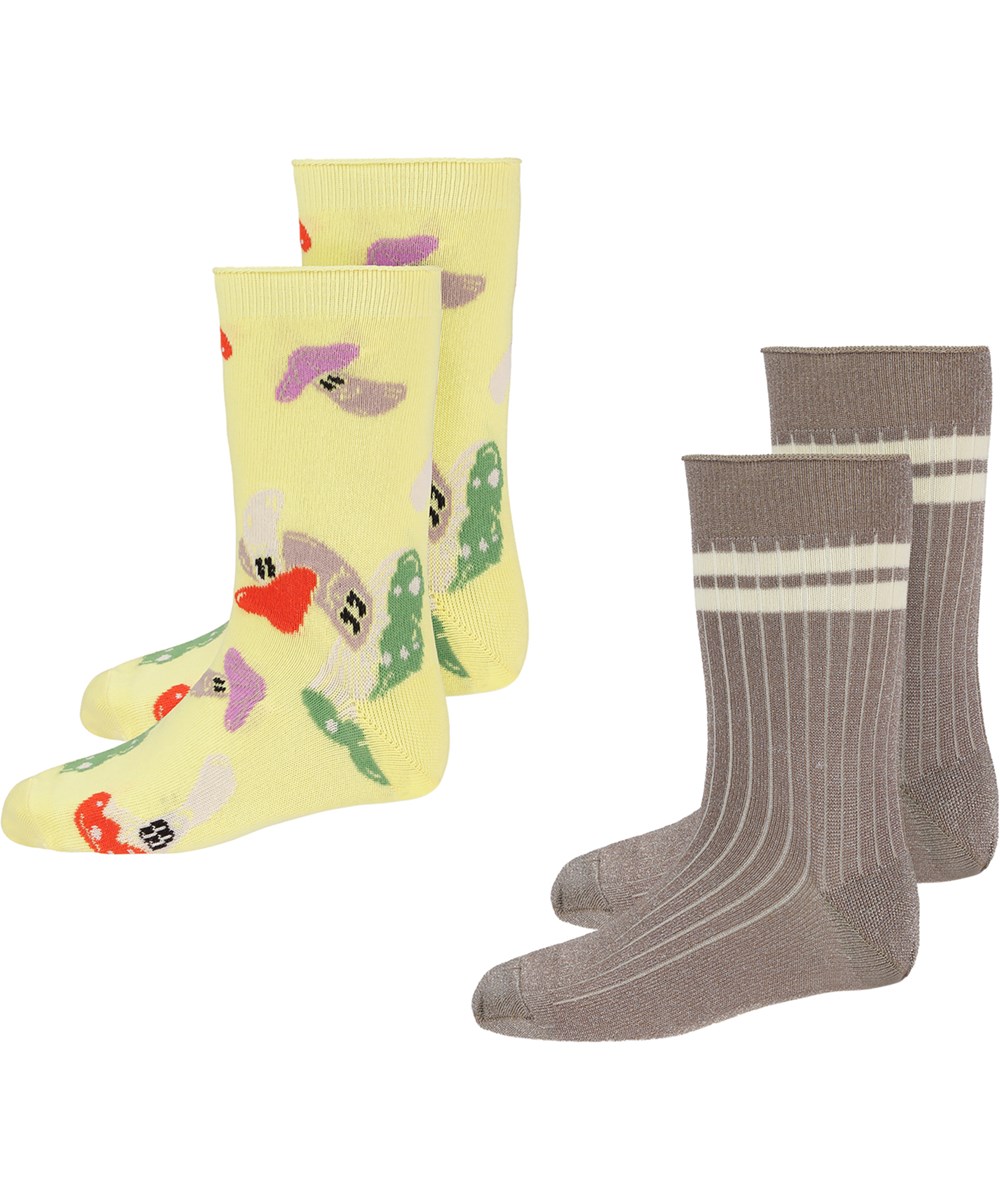 Nomi - Moth Grey - Gelbe und beige Socken mit Pilzen