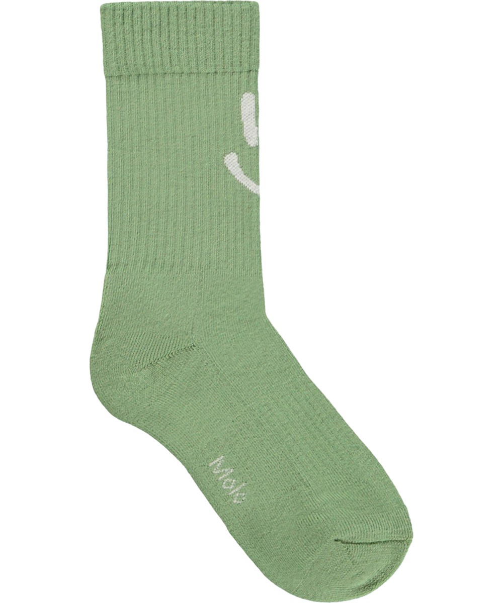 Norman - Sand Green - 2er-Pack Socken für Kinder aus grünem und cremefarbenem Baumwollstoff mit Lächelmotiv